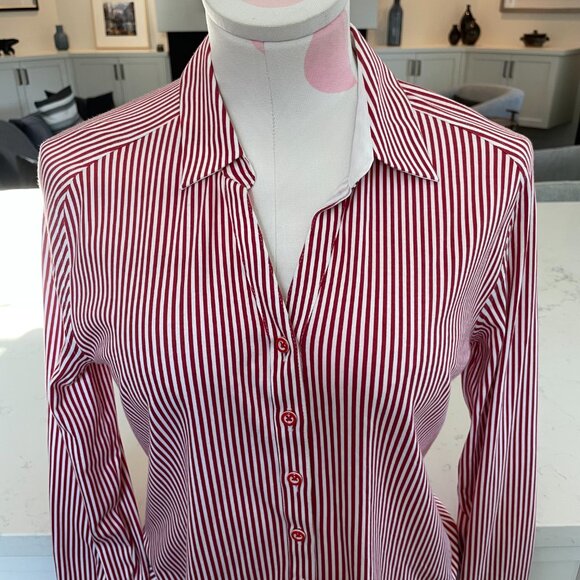 Desoto Eve Collared V Neck Striped Button Down Cotton Blouse Red Wht Sz 36 NWOT - Picture 14 of 15